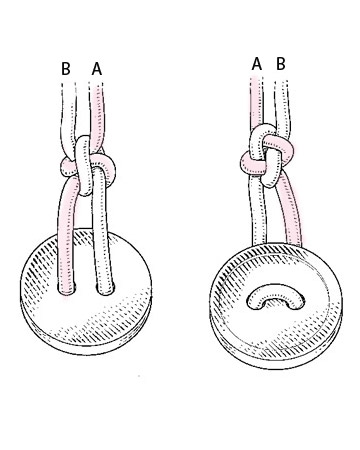 Using tweezers, gently tug up on knot where indicated above and slide knot so it's about 1 1/2 inches from the button. (The back of the knot will resemble the one far left; the front will resemble far right.) Use tweezers to tighten knot. Pin it to foam board, and secure. Continue adding evenly spaced knots. Using tweezers, gently tug up on knot where indicated above and slide knot so it's about 1 1/2 inches from the button. (The back of the knot will resemble the one far left; the front will resemble far right.) Use tweezers to tighten knot. Pin it to foam board, and secure. Continue adding evenly spaced knots.