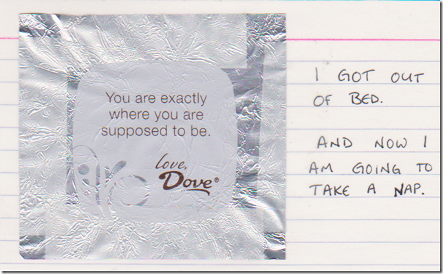 A Dove chocolate wrapper that says, quote, You are exactly where you are supposed to be, end quote. Text written next to it that says I got out of bed. And now I am going to take a nap