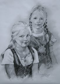 Twee zusjes in contè-krijt 50x65 cm
