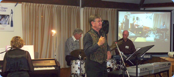 The Music Makers Band in full swing. Left to Right: Carole Littlejohn, Ian Jackson, Len Hancy, and Peter Brophy.