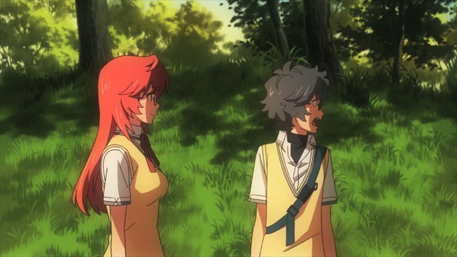 Ichika and Kaito stand before a grassy tree-lined slope