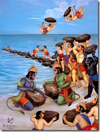 Rama's army building a bridge with rocks