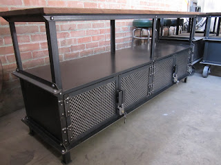 7' long Ellis console with legs, and skeleton key padlocks