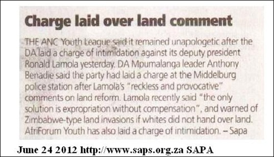 ANC WAR PLANS DA LAYS COMPLAINT RUSTENBURG SAPS AGAINST LAMOLA JUNE 24 2012