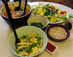 I overloaded the menu with salads—they required too much prep time and chopping. All three tasted great, though: We made a hot and sour noodle and vegetable salad, a bamboo shoot one (with canned shoots and toasted rice ground up for crunch), and a composed salad, also above.