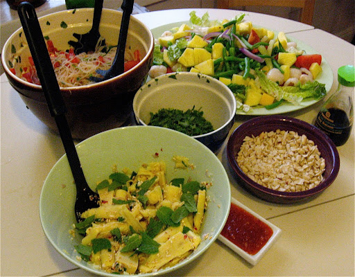 I overloaded the menu with salads—they required too much prep time and chopping. All three tasted great, though: We made a hot and sour noodle and vegetable salad, a bamboo shoot one (with canned shoots and toasted rice ground up for crunch), and a composed salad, also above.