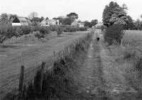 View from Coffin Way towards Owlscote Manor Farm. Upton Fruit Farm and Autumn Leaves on left.