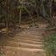 Looking down some steep steps, about the height of Lynette's mid-thigh each.