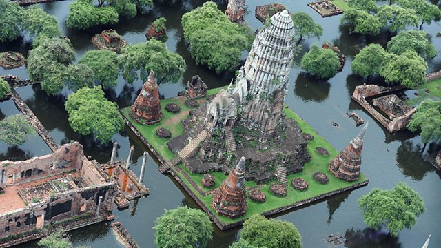 A temple is surrounded by floodwaters in the ancient capital city of Ayutthaya, north of Bangkok. AFP