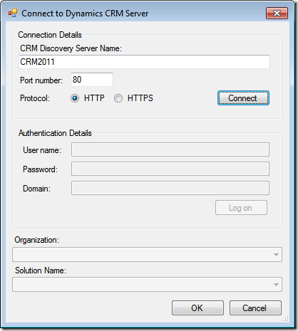 1 - Enter CRM Discovery Server Name and Connect