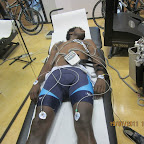 Excercise testing at Seneca, the sports science department of HAN
University in Nijmegen. Ethiopian Estifanos Gebresilassie from the Marco Polo Cycling Team being measured. (photo: Nick Mitchell)