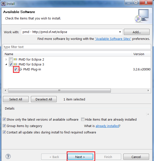 6) Verify that the install location in Eclipse installation directory, otherwise select the correct one, click Finish.