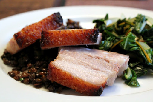 Roast Pork Belly with Lentils and Chard