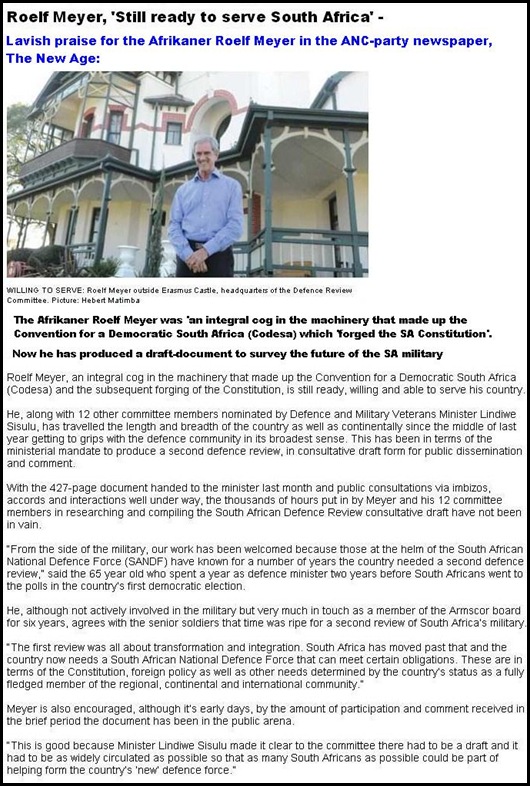 Meyer Roelf PRAISED IN ANC PARTY NEWSPAPER _THENEWAGE_ over DEFENCE_REVIEW_SURVEY