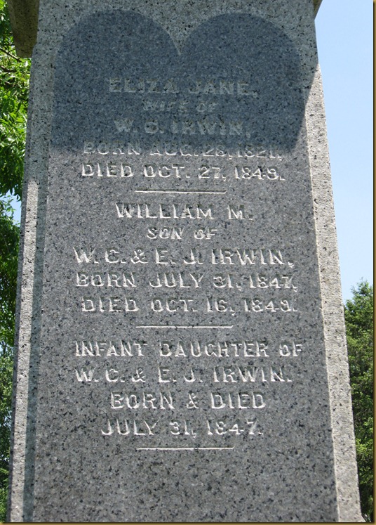 Eliza Jane (Baxter) wife of William Cox Irwin - William M. son of William Cox & Eliza Jane Irwin - Infant Daughter of William Cox and Eliza Jane Irwin Eliza Jane (Baxter) wife of William Cox Irwin - William M. son of William Cox & Eliza Jane Irwin - Infant Daughter of William Cox and Eliza Jane Irwin