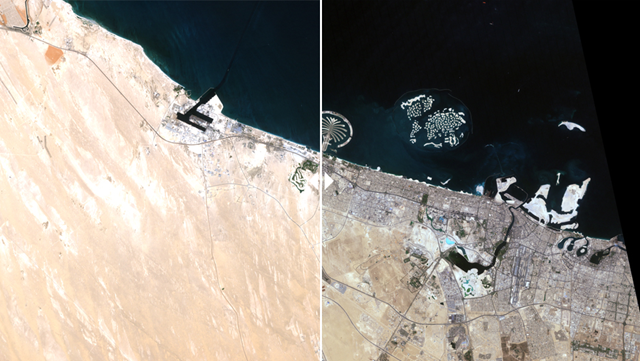 Satellite views of Dubai, 2000 and 2010. With a population of 1.2 million people, Dubai is one of the few places on Earth where urban sprawl has extended into the ocean. Construction of the Palm Jumeirah, with its 17 sandy fronds (pictured at the left of 2010 image) required 110 million cubic meters of sand, according to the building firm. CNN / NASA Landsat / U.S. Geological Survey