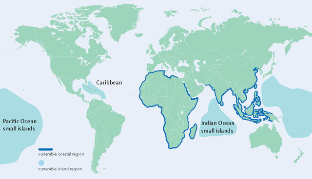 Regions vulnerable to flooding caused by sea level rise. Originally Fig. 3 in Nicholls, R. J. and A. Cazenave (2010), Sea Level Rise and its Impact on Coastal Zones, Science, 328(5985), 1517&ndash;1520. via sei-international.org (2012), 'Valuing the Ocean'