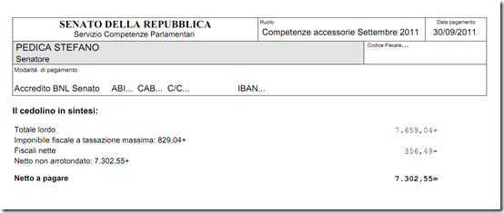 la busta paga del Senatore Idv Stefano Pedica