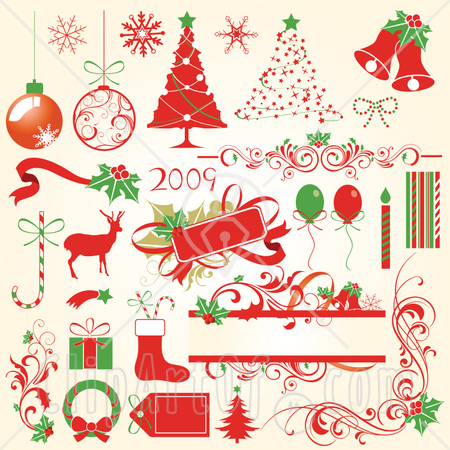 royalty free images christmas. Royalty-free full-color holiday clipart graphic of a collection of red and 
