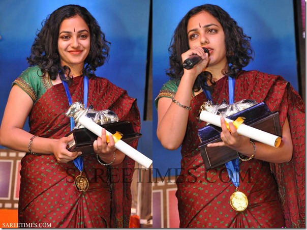 Nithya_Menon_Maroon_Saree