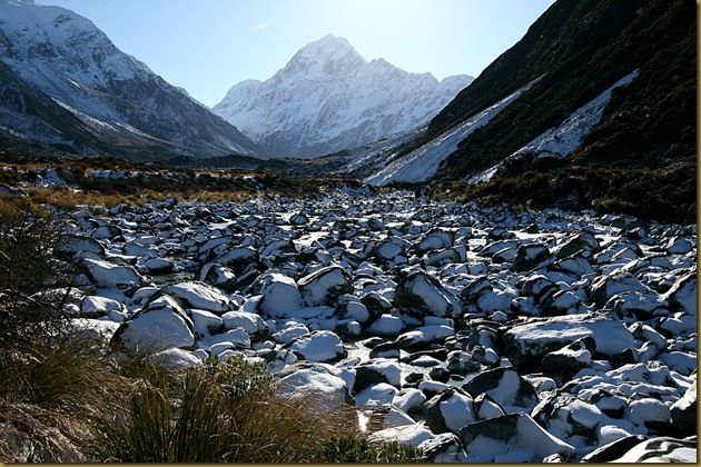 Snow covered rocks to Mount Cook