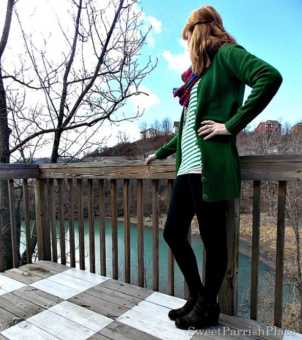 green cardigan , green stripes, floral scarf, brown boots1