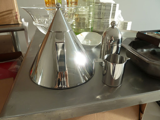 A trio of Alessi pieces: teapot, creamer, and sugar jar (alessi.com).