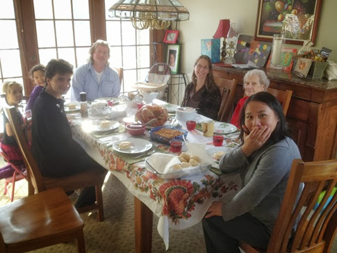 c05 Our Thanksgiving Table (L-R - brother Tom is taking the photo) son Charlie, friend Emma, daughter Dee Dee, Clarence, Tom's wife Cindy, Cindy's mom Betty, and my beautiful wife Jing  