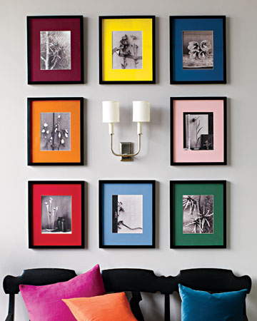 Add pop to a collection of black-and-white prints by using mats in a rainbow of colors.