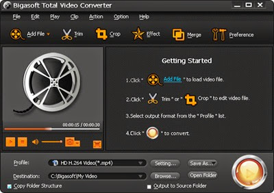 Bigasoft Total Video Converter [Bigasoft Total Video Converter is compatible with Windows 8, Windows 7, Vista, 2003, XP and 2000] Convert video to 3GP MP4 FLV AVI MKV WMV MOV MXF VOB etc. with high quality! 