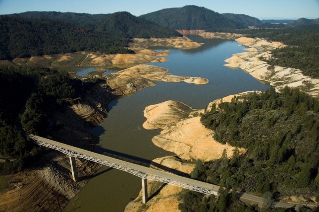 Lake Oroville, South Fork of Feather River, 12 March 2009, looking West. This photo was shot from just in over of the Lumpkin Road Bridge. Note the amount of water in the riverbed. water.ca.gov