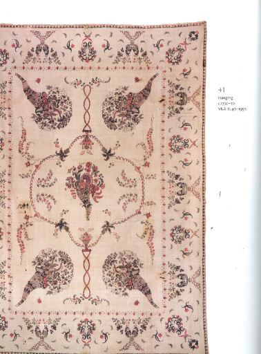 The floral motif on this wall hanging is especially intricate. Wall hanging circa 1750-1770.