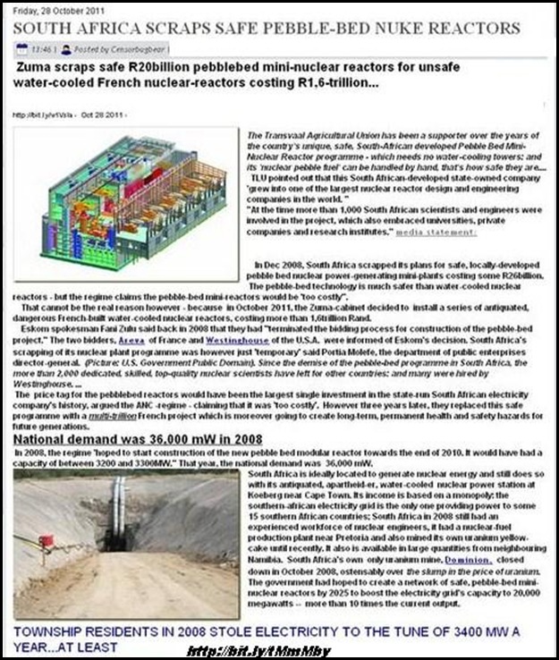 NUCLEAR SOUTH AFRICA SCRAPS PEBBLEBED IN FAVOUR OF UNSAFE FRENCH TECHNOLOGY OCT 2011
