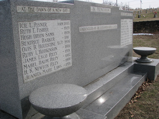 A tombstone remembers the 37 who died in the 1928 dance hall explosion.  (Photo: Emma Wilson)