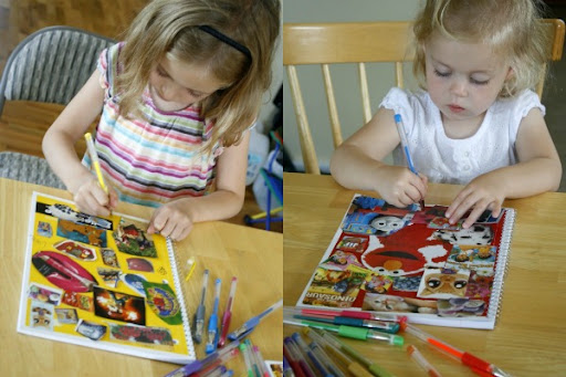 Once the images are glued on, have your child add a few embellishments to the notebook. We got out the glitter pens and my kids colored all kinds of swirls and doodles on their notebooks. They each wrote their name on their notebooks as well.