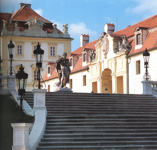 The chateau of Valtice and its wonderful staircase, light fixtures, and sculptures.