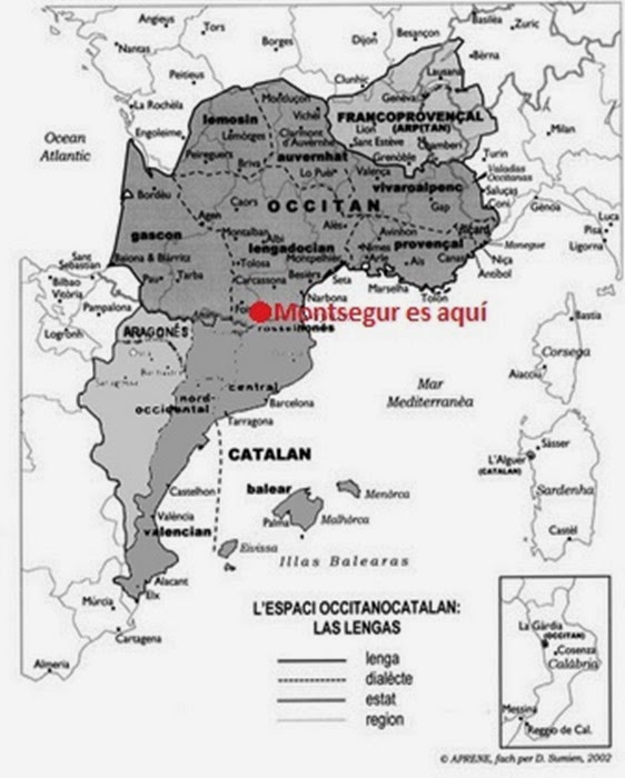 Mapa lingüistica de l'espaci europèu occitanò-catalan-aragonés e arpitan Montsegur es aquí