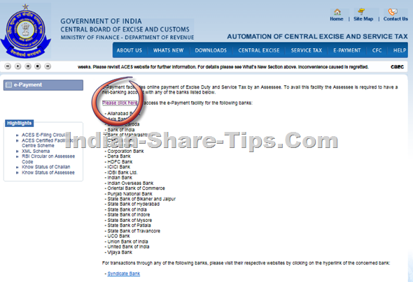 Service tax e-payment page