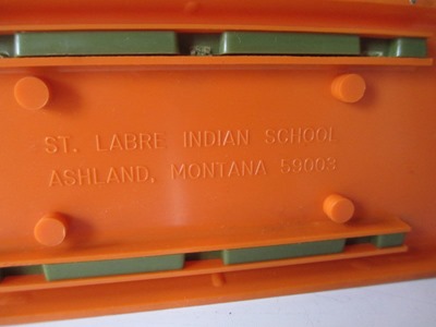 St. Labre Indian School "Northern Cheyenne Letter (or napkin) Holder", base and imprint St. Labre Indian School "Northern Cheyenne Letter (or napkin) Holder", base and imprint