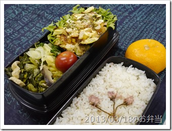 高菜の油炒め，お好み焼き，桜の塩漬け混ぜごはん弁当(2013/03/18)