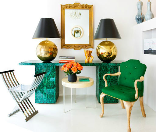 My favorite use of emerald and turquoise is a punchy, brave juxtaposition. The pattern on this table alone really speaks to me. (www.1stdibs.com) My favorite use of emerald and turquoise is a punchy, brave juxtaposition. The pattern on this table alone really speaks to me. (www.1stdibs.com)