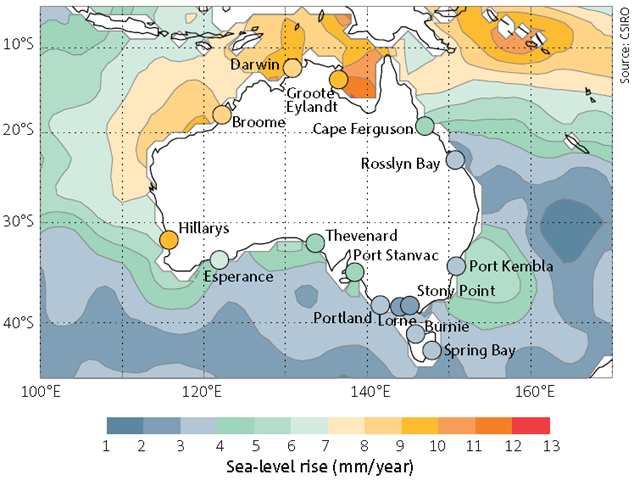 The rate of sea-level rise around Australia as measured by coastal tide gauges (circles) and satellite observations (contours) from January 1993 to December 2011. CSIRO / BOM
