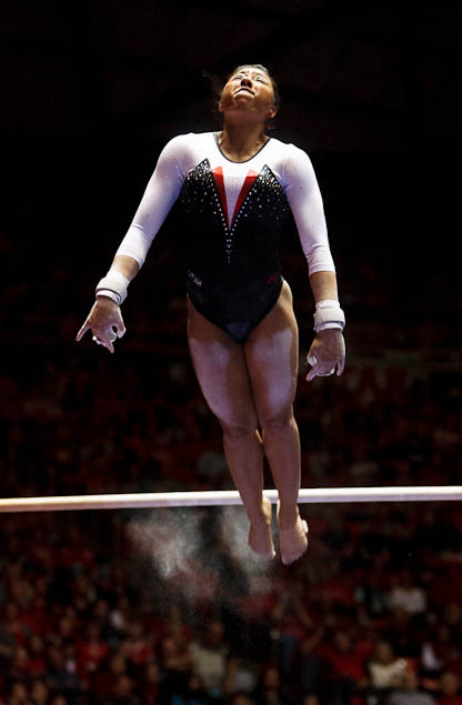 Utah's Kassandra Lopez on bars as the University of Utah hosts Georgia at the Huntsman Center, college gymnastics Friday, February 3, 2012 in Salt Lake City, Utah