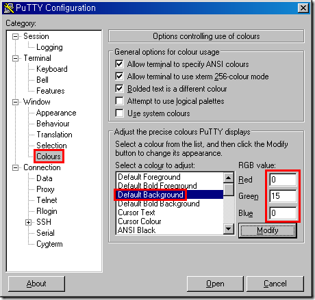 그림 9. PuTTY Configuration - Window - Colours B