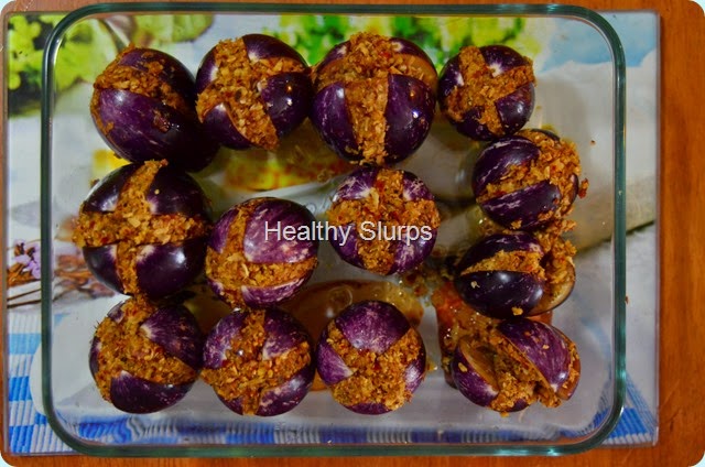 Plump stuffed brinjals/eggplants