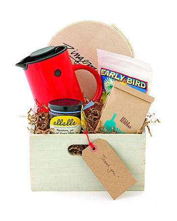 This breakfast kit includes everything you'd need to make breakfast for a group. Blackberry–Meyer lemon jam, Bella Donovan coffee beans, Farmhand’s Choice granola, olive-oil cake, and a Erik Magnussen coffee press all packaged in a whitewashed wood bin. This breakfast kit includes everything you'd need to make breakfast for a group. Blackberry–Meyer lemon jam, Bella Donovan coffee beans, Farmhand’s Choice granola, olive-oil cake, and a Erik Magnussen coffee press all packaged in a whitewashed wood bin.