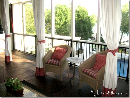 Canvas Curtains, banded canvas, red, wicker, sceened porch