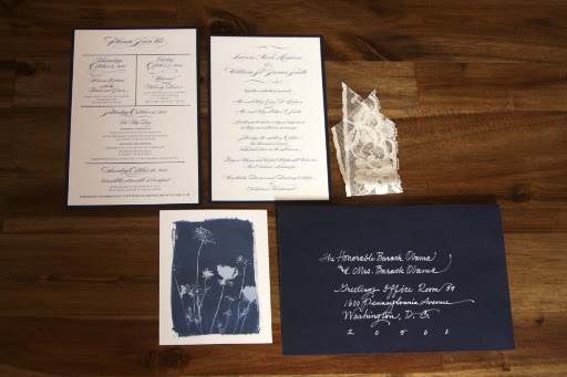 The invitation suite introduced sunprint elements and lace details. The invitation suite introduced sunprint elements and lace details.