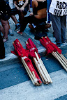 Red flags on the ground. Sturdy poles.
