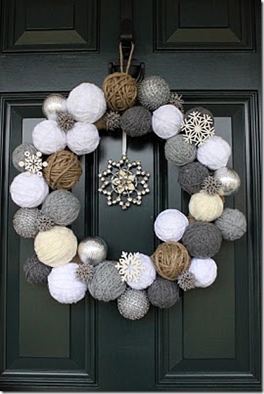 Winter wreath--wreath made from yarn balls and snowflake ornaments